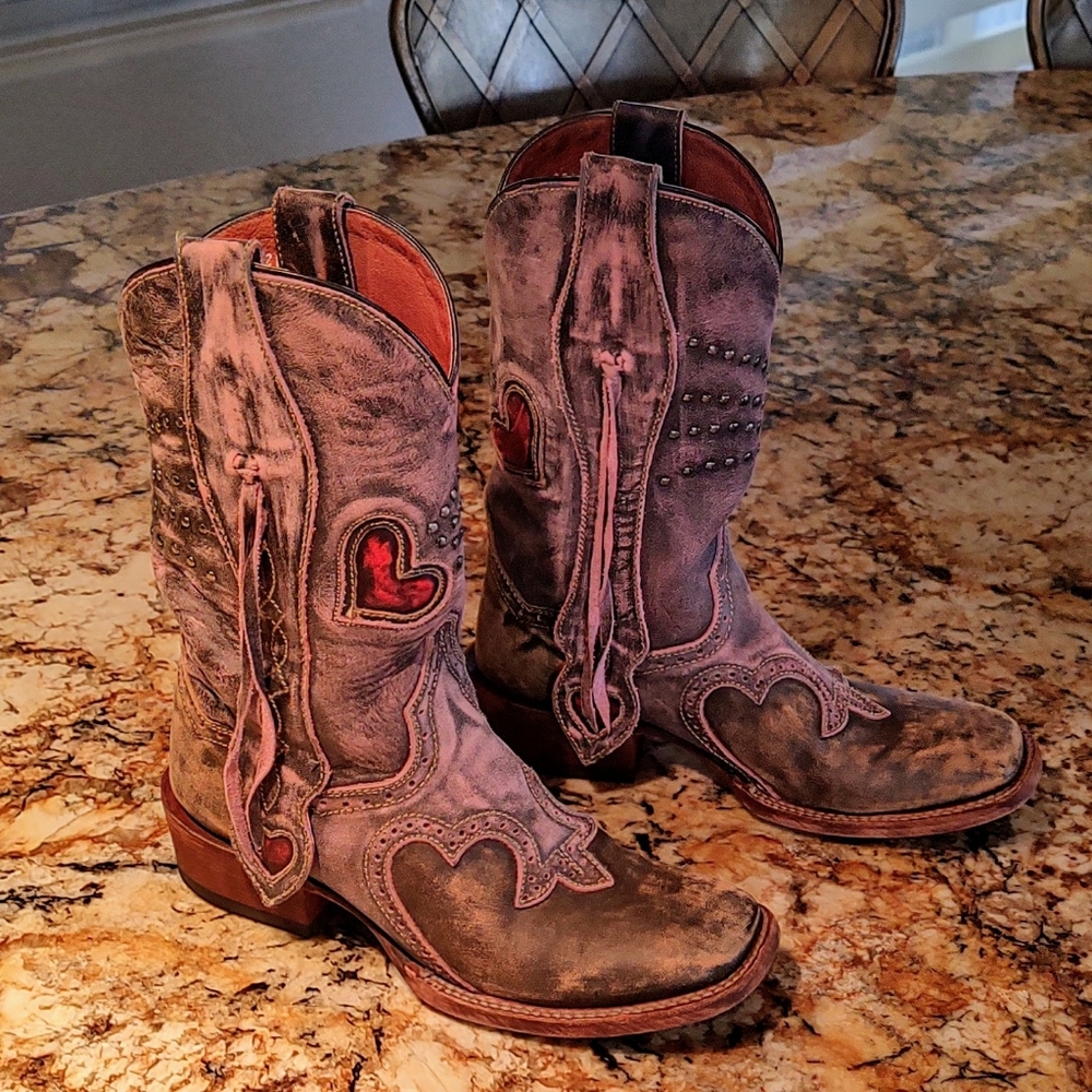 Dan Post Distressed Brown Leather Studded Western Heeled Boots - Picture 12 of 14